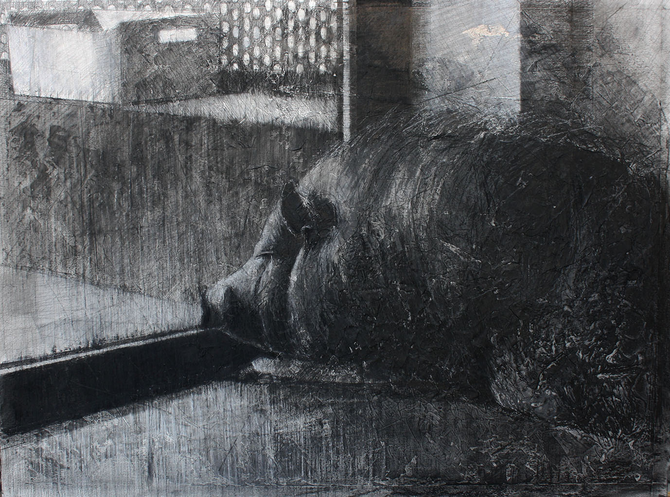 ESTUDIO DE GEORGE -MELANCOLÍA-, 2018. Carbón, conté, pastel y lápiz negro sobre tabla aparejada. 59×79 cm.