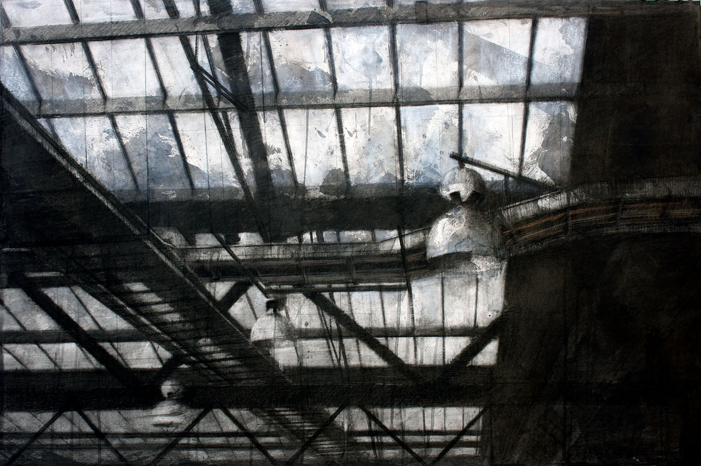 SIN TÍTULO, 2012. Carbón, conté, acrílico y lápices de colores sobre papel pegado a tabla. 60×90 cm.
