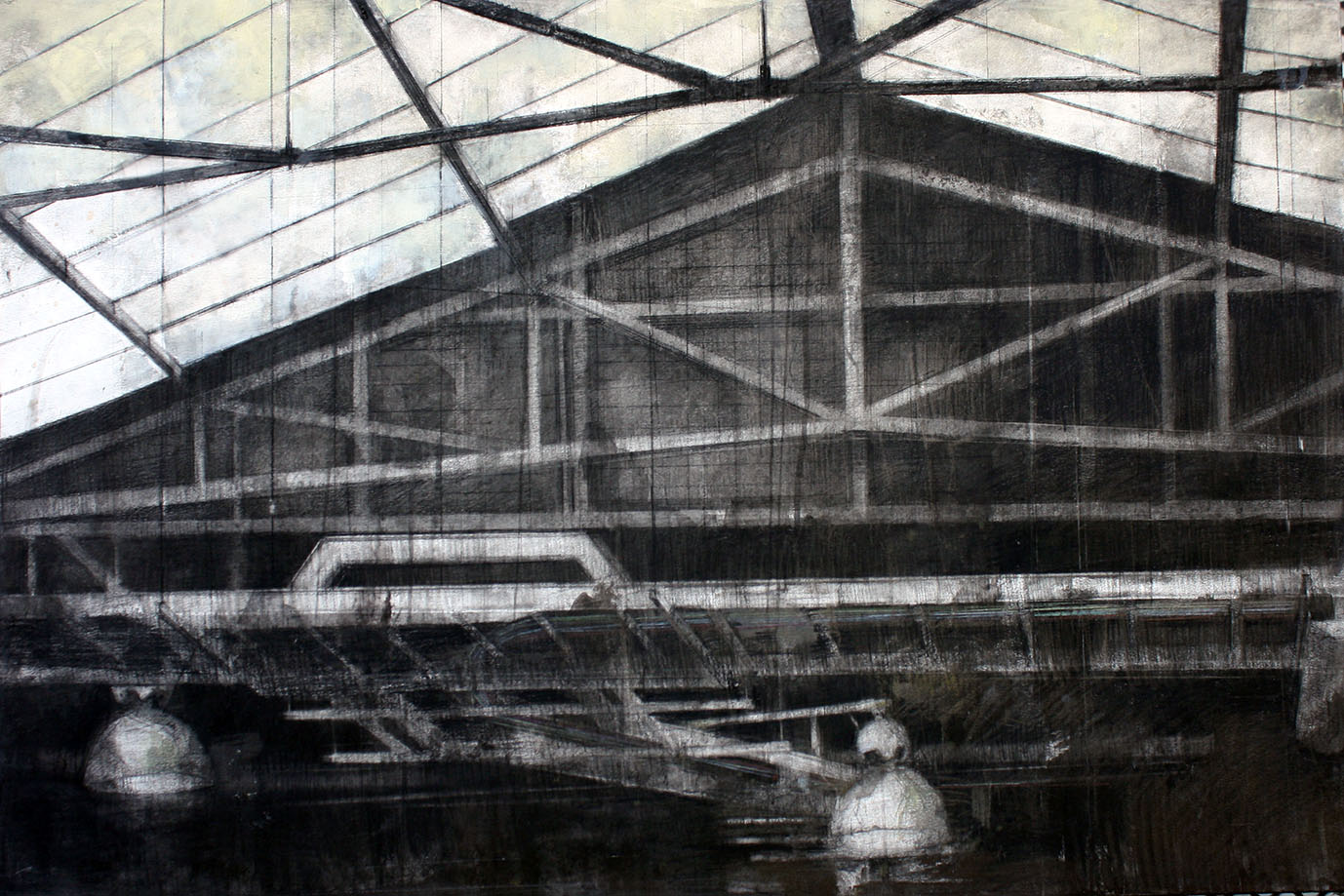 SIN TÍTULO, 2012. Carbón, conté, acrílico y lápices de colores sobre papel pegado a tabla. 60×90 cm.