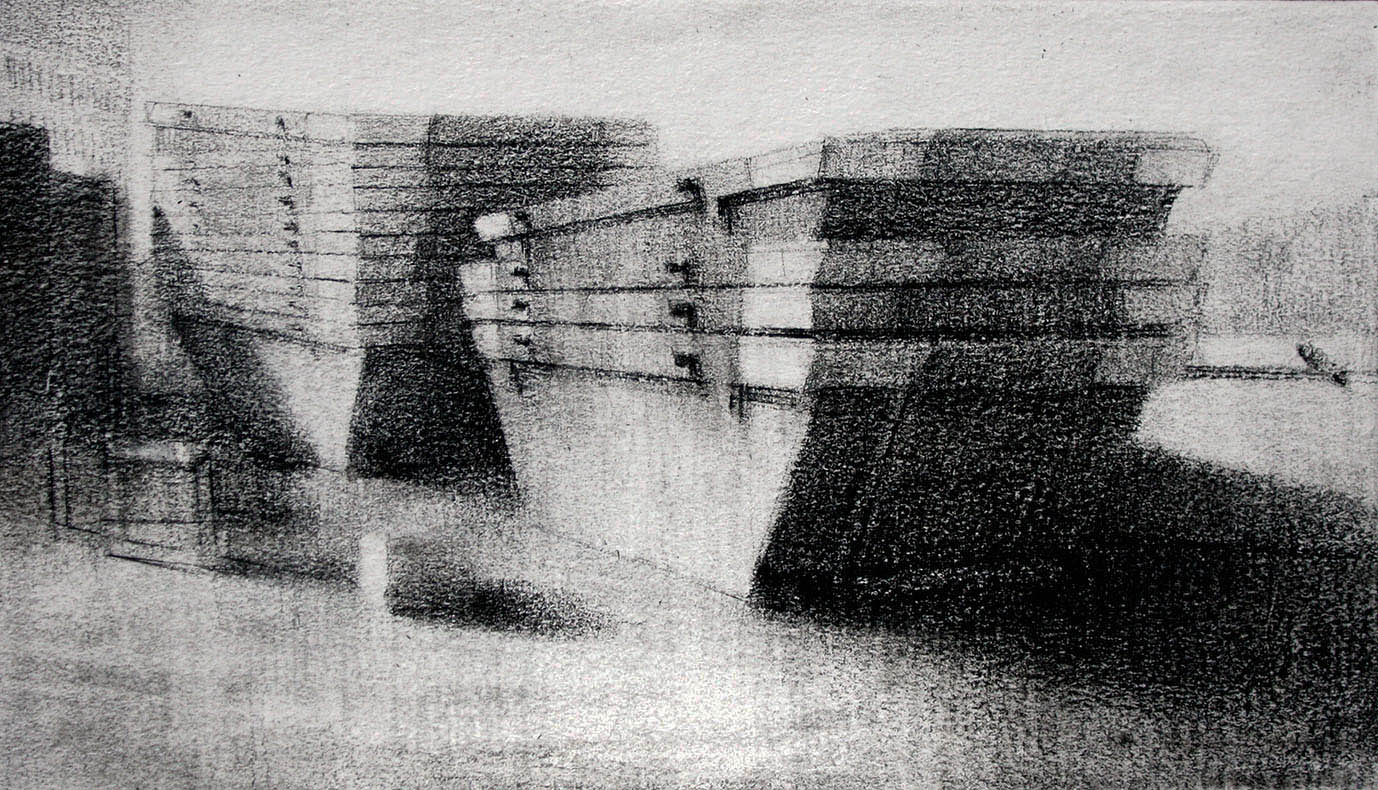 ESTUDIO DE CONTENEDORES, 2013. Lápiz negro sobre papel pegado a tabla. 11.5×20 cm.