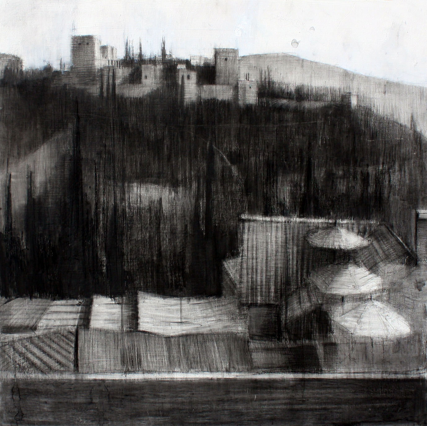 ALHAMBRA DESDE SAN NICOLÁS, 2013.  Carbón y lápiz negro sobre tabla. 80×80 cm.