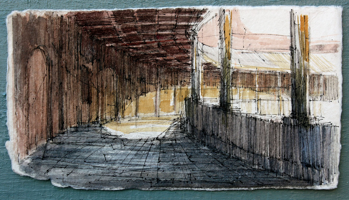 ATARDECER EN EL PALACIO DE CARLOS V, 2013. Tinta, aguada y acuarela sobre papel. 11×20 cm.