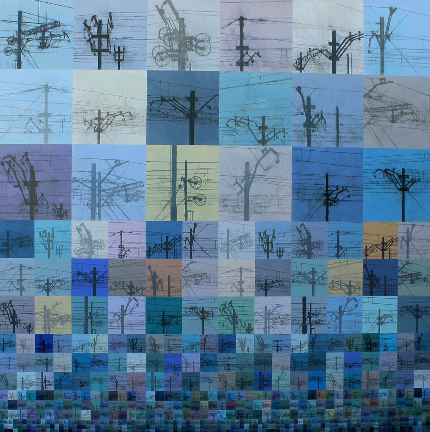 558 RETRATOS EN AZUL -UN HOMENAJE A BERND & HILLA BECHER-, 2017. Acrílico y lápiz sobre tabla. 150×150 cm. Segundo premio  IX Certamen de pintura Laura Otero.